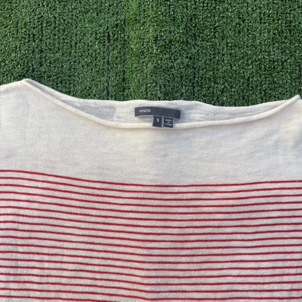 Vince. Boatneck rolled hem ivory and red Striped Long Sleeve Sweater, size small - Picture 3 of 5